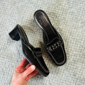 Vintage COACH y2k Black Suede Contrast Stitch Square Toe Kitten Heel Mule Iris